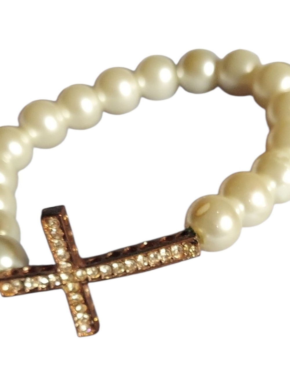 Pearl Stretch Bracelet with Crystal Cross Charm - Ivory